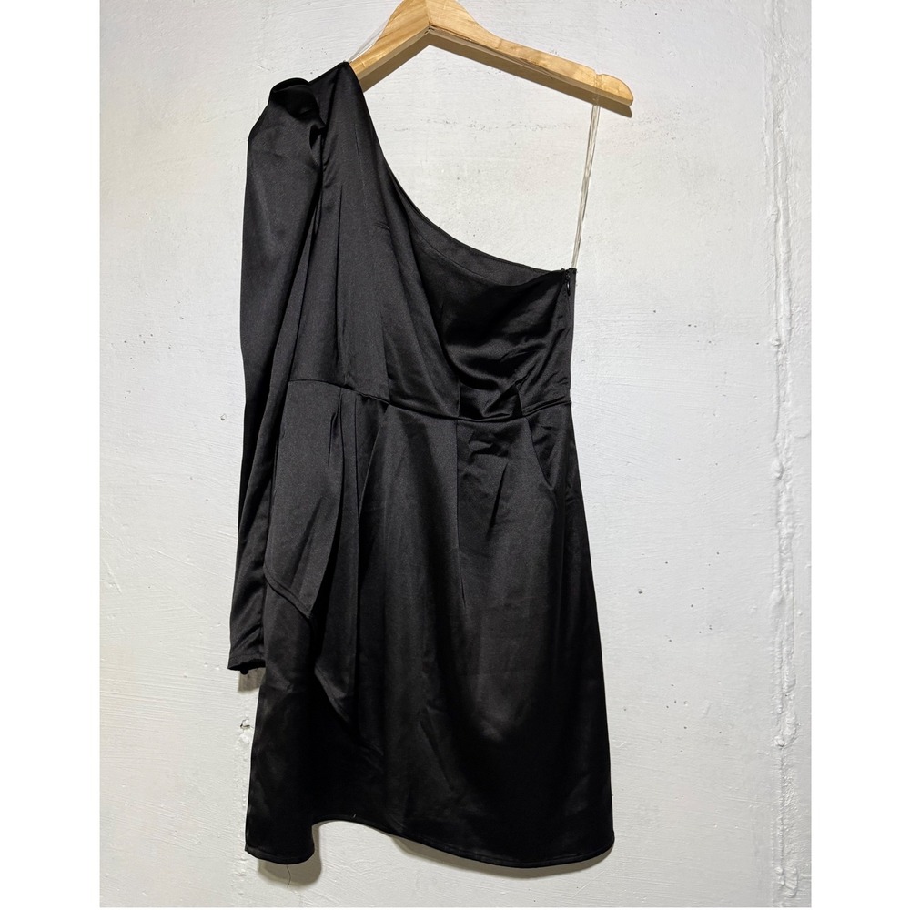 NWT Altar'd State Womens M Black Satin One Shoulder Mini Cocktail Dress Long Slv
